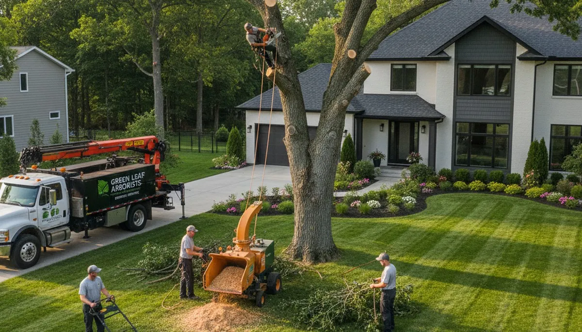 Professional lawn care and tree removal team working in Lakeland, FL yard