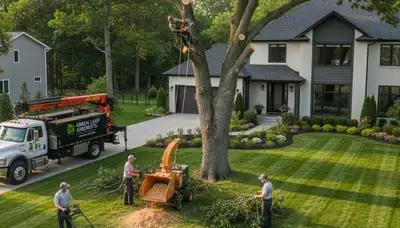 Professional lawn care and tree removal team working in Lakeland, FL yard
