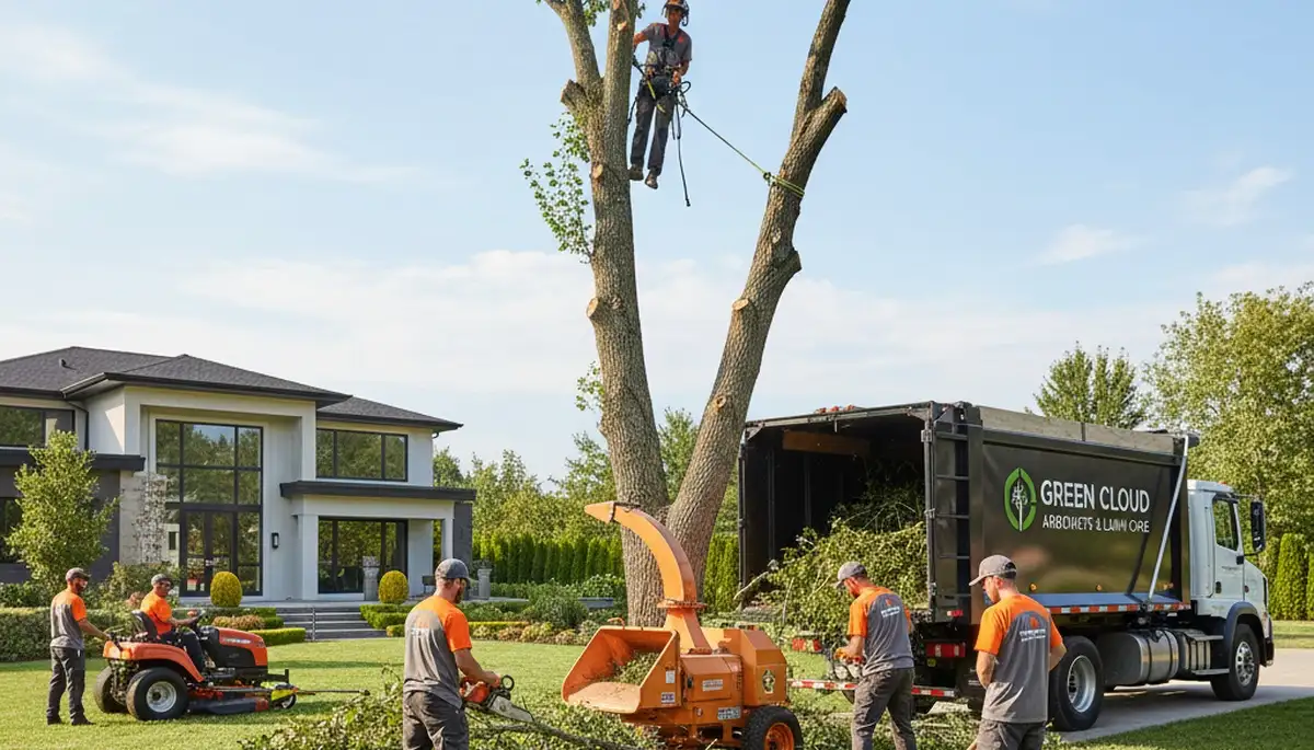 Professional lawn care and tree removal team working in Lakeland, FL yard