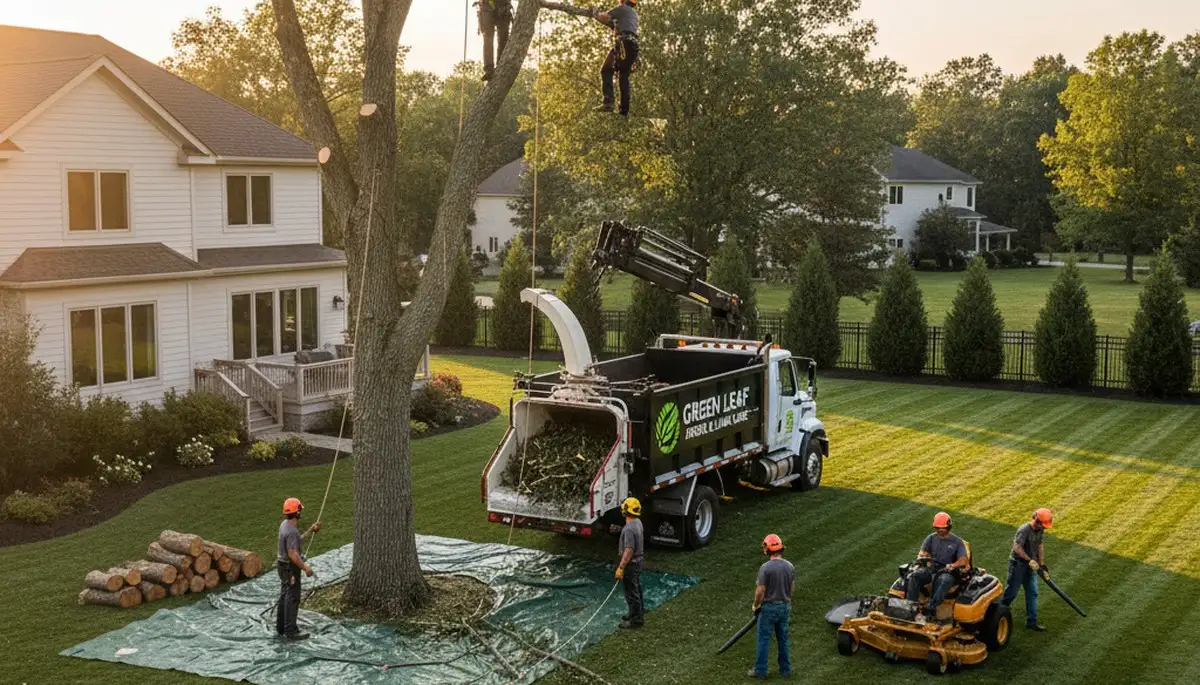 Professional lawn and tree service crew caring for residential yard in Lakeland, FL