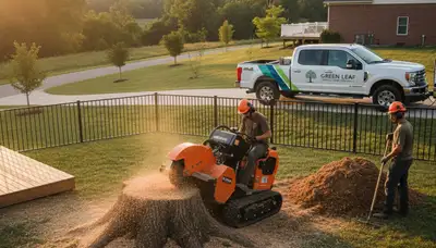 Arborist performing professional stump removal service in residential yard, Lakeland FL