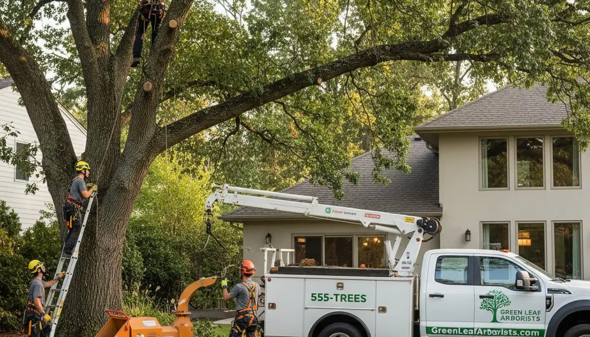 Arborist pruning oak tree branches in Lakeland, FL for professional tree care and safety