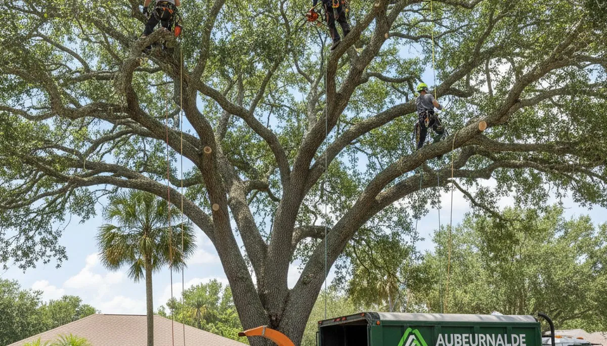 Professional tree removal service crew in Lakeland FL safely cutting and hauling large oak tree