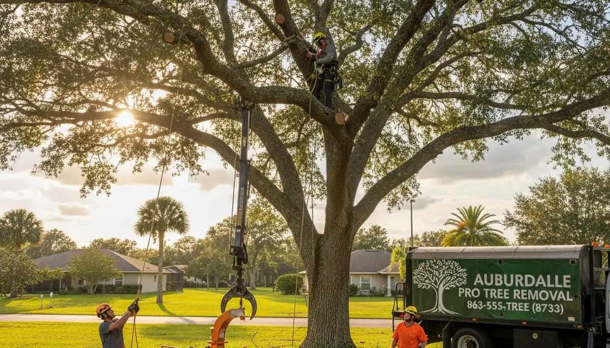 Professional tree removal service in Lakeland FL safely cutting large oak tree