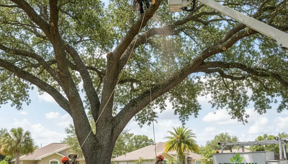 Professional tree removal service in Lakeland FL safely cutting and clearing large oak trees