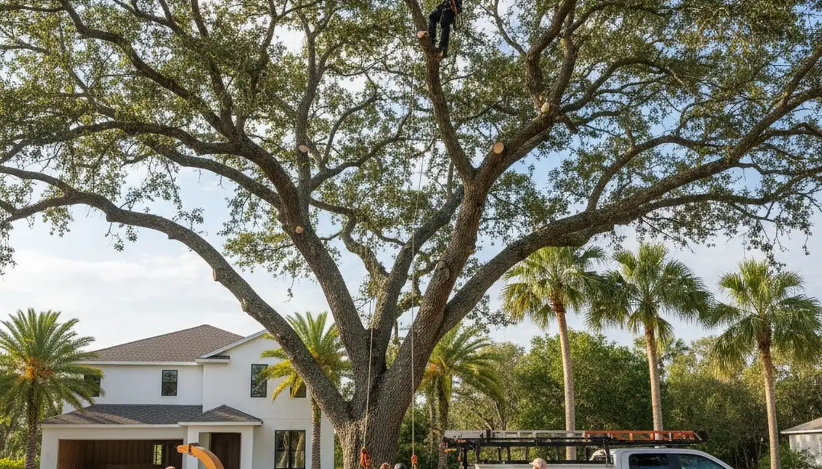 Professional tree removal service crew working in Lakeland, FL safely cutting and clearing large trees
