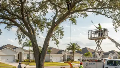 Professional tree removal service in Lakeland FL safely cutting large oak tree