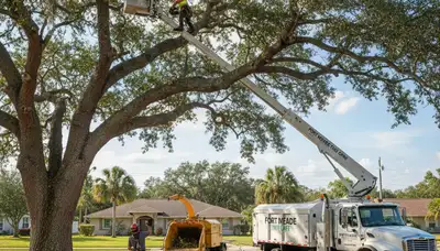 Professional tree removal service in Lakeland FL safely cutting and clearing large oak trees