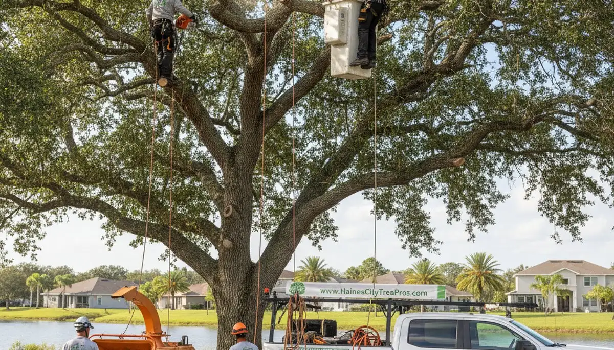 Professional tree removal service in Lakeland FL safely cutting down large oak tree