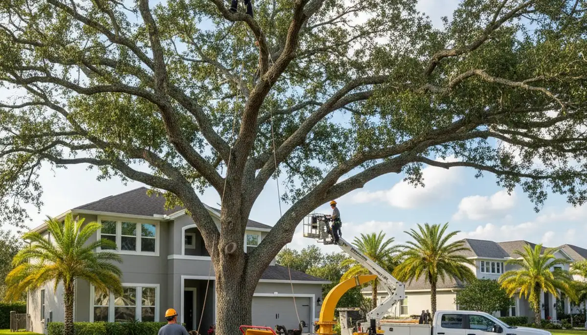 Professional tree removal service in Lakeland FL safely cutting down damaged oak tree