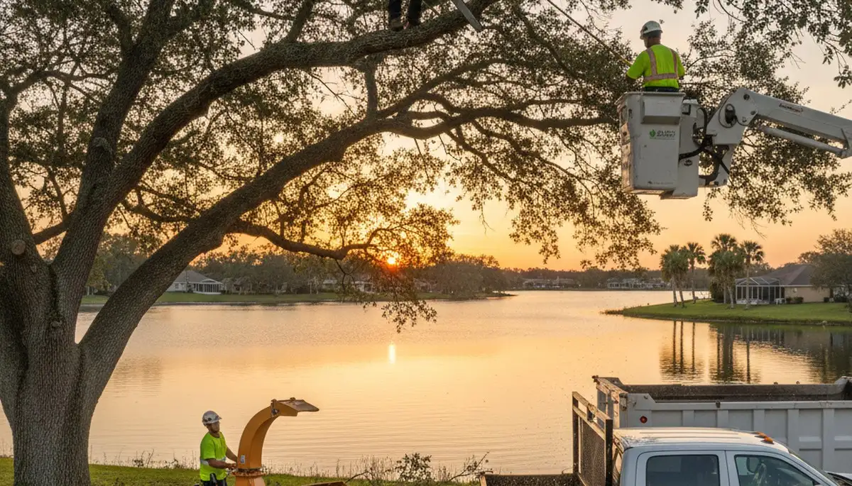 Professional tree removal service crew working in Lakeland FL backyard