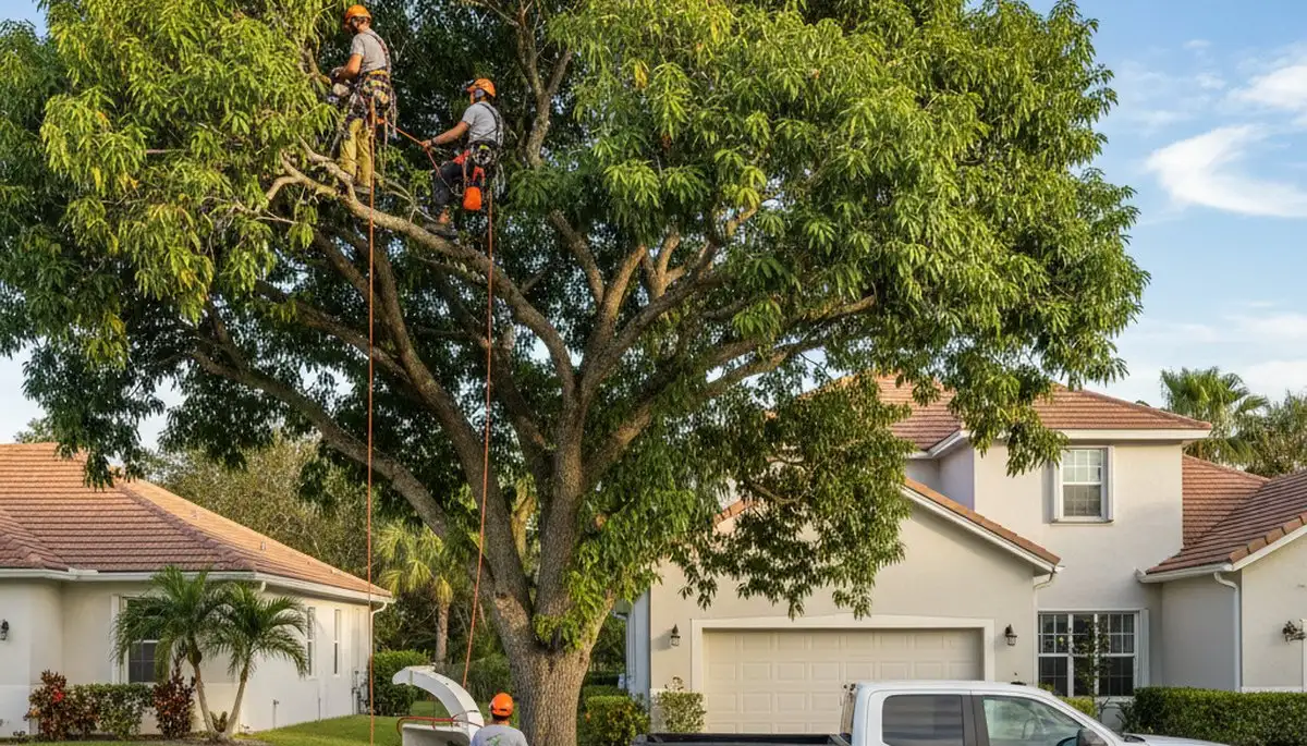 Professional tree removal service in Lakeland, FL safely cutting down large oak tree