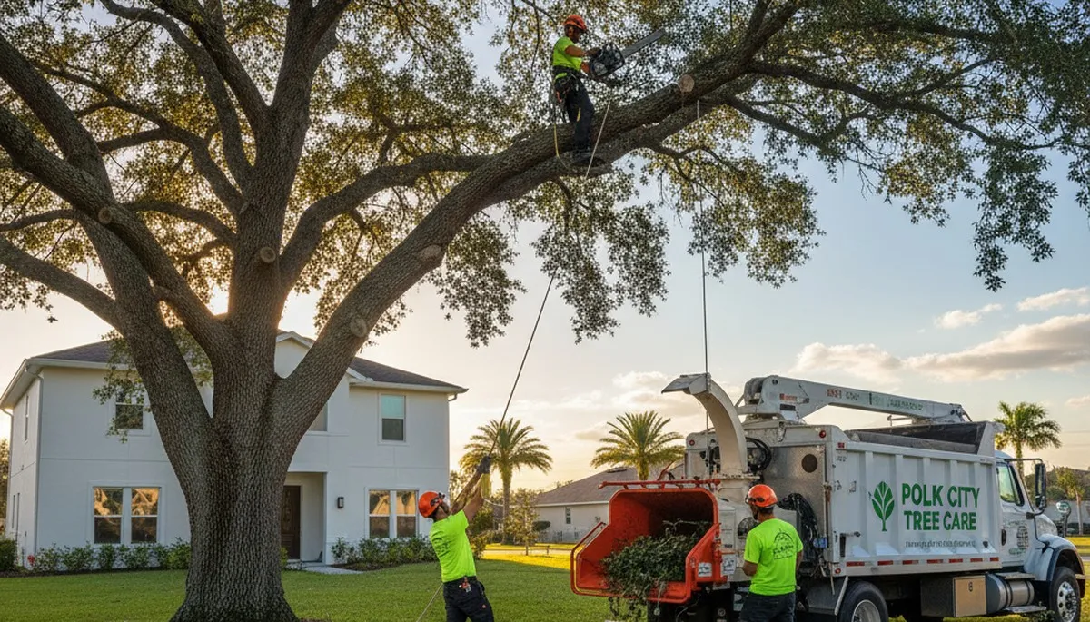 Professional tree removal service in Lakeland FL safely cutting large oak near residential property
