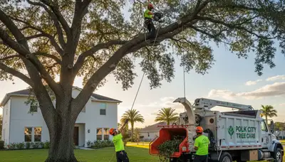 Professional tree removal service in Lakeland FL safely cutting large oak near residential property