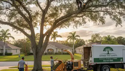 Professional tree removal service in Lakeland FL safely cutting down large oak tree