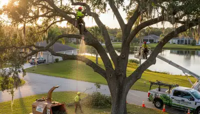 Professional tree removal service in Lakeland FL safely cutting and clearing large oak tree branches
