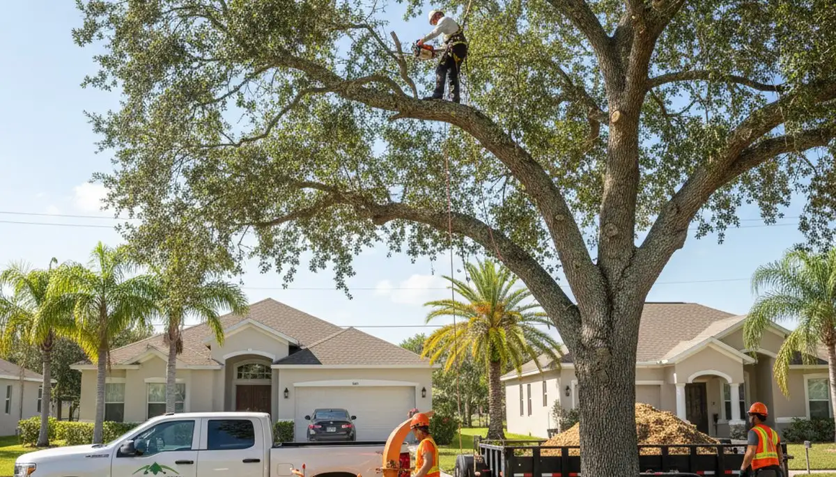 Professional tree removal service in Lakeland FL safely cutting large oak tree