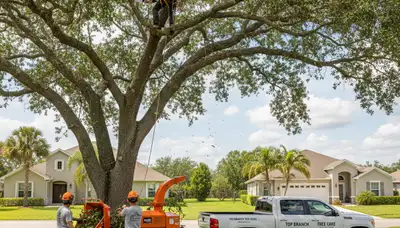 Professional tree removal service crew working safely in Lakeland FL residential neighborhood