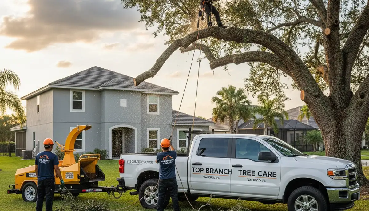 Professional tree removal service in Lakeland FL safely cutting and clearing large oak tree