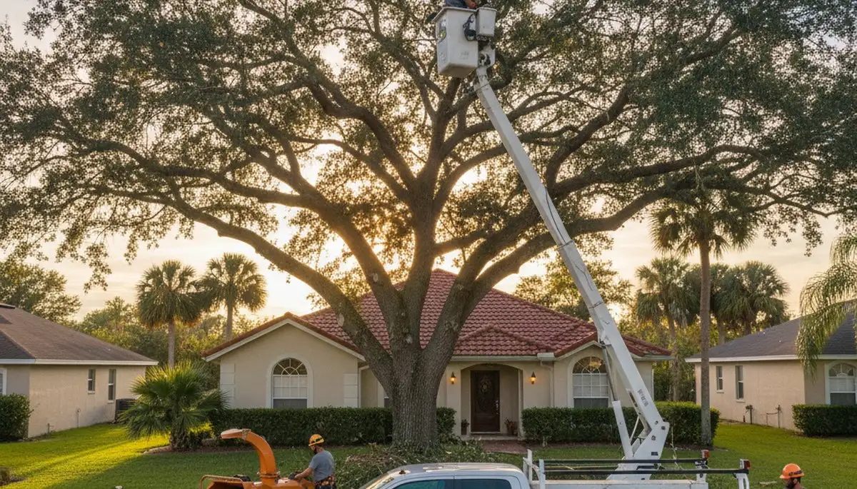 Professional tree removal service in Lakeland FL safely cutting large oak near residential property