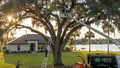 Professional tree removal service in Lakeland FL safely cutting down large oak tree