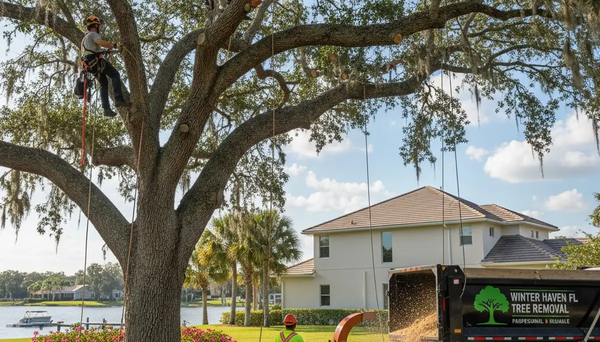 Professional tree removal service crew at work in Lakeland FL trimming large oak tree safely