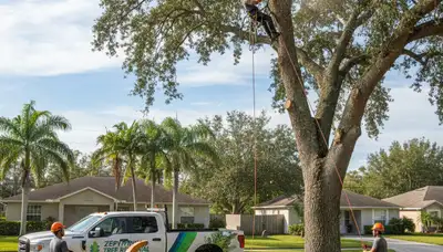 Professional tree removal service in Lakeland FL safely cutting and clearing large oak tree branches