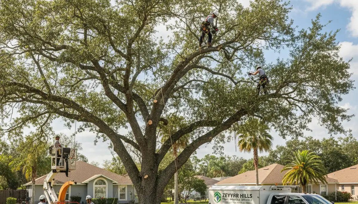 Professional tree removal service in Lakeland FL safely clearing large oak trees